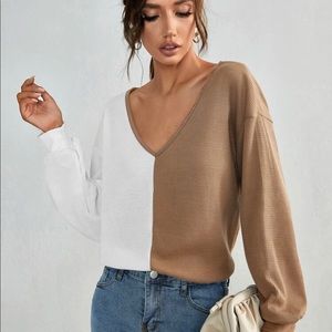SHEIN Two Tone Waffle Knit Drop Shoulder Tee Sweater Long Sleeve